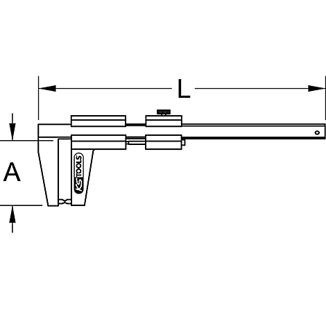 Schwarz-weiß-Zeichnung einer Messschieber mit Beschriftung 'A' und 'L' sowie Logo 'KS TOOLS'.